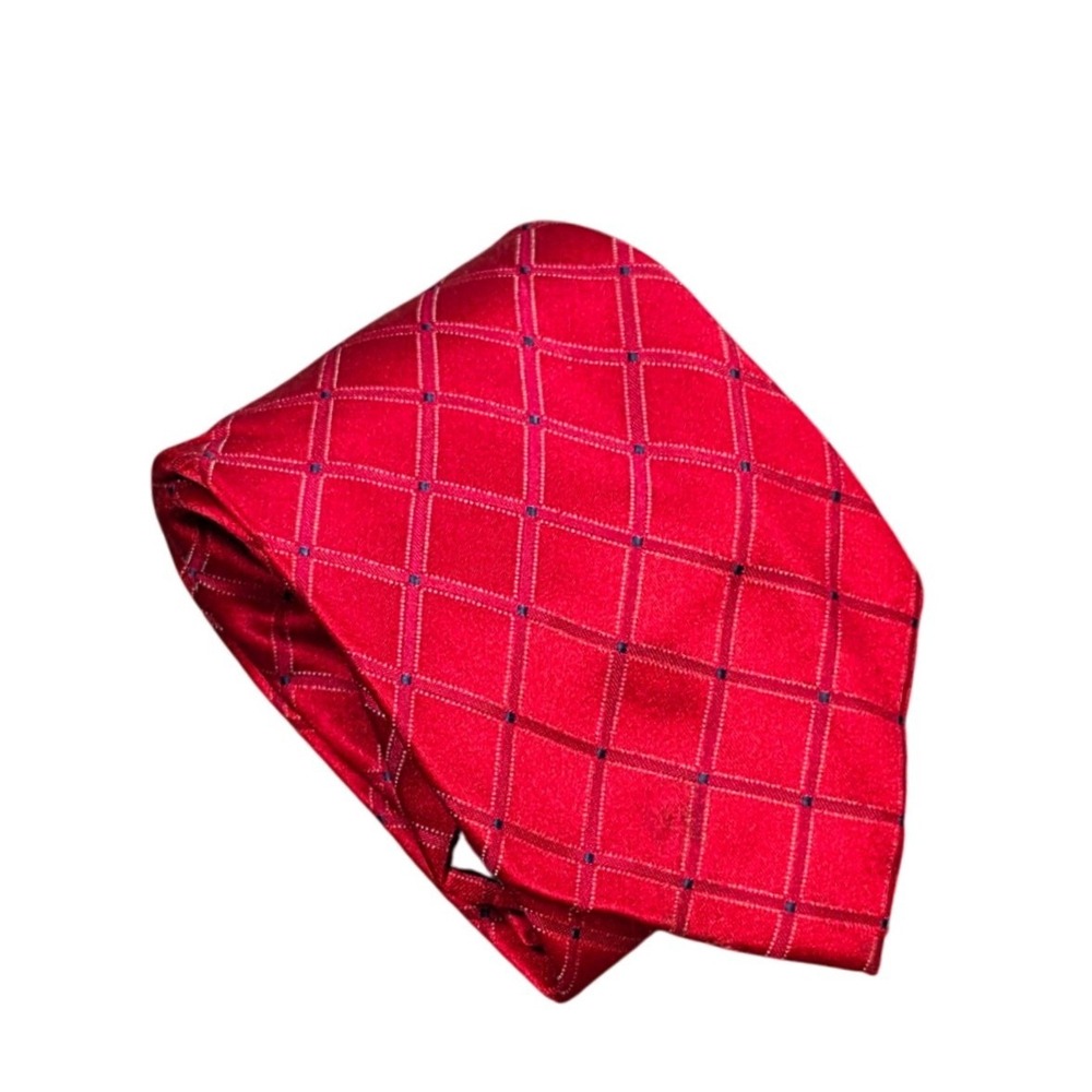 George 100% Silk Grid Pattern Tie Men's Red Blue Dot Formal Classic Necktie